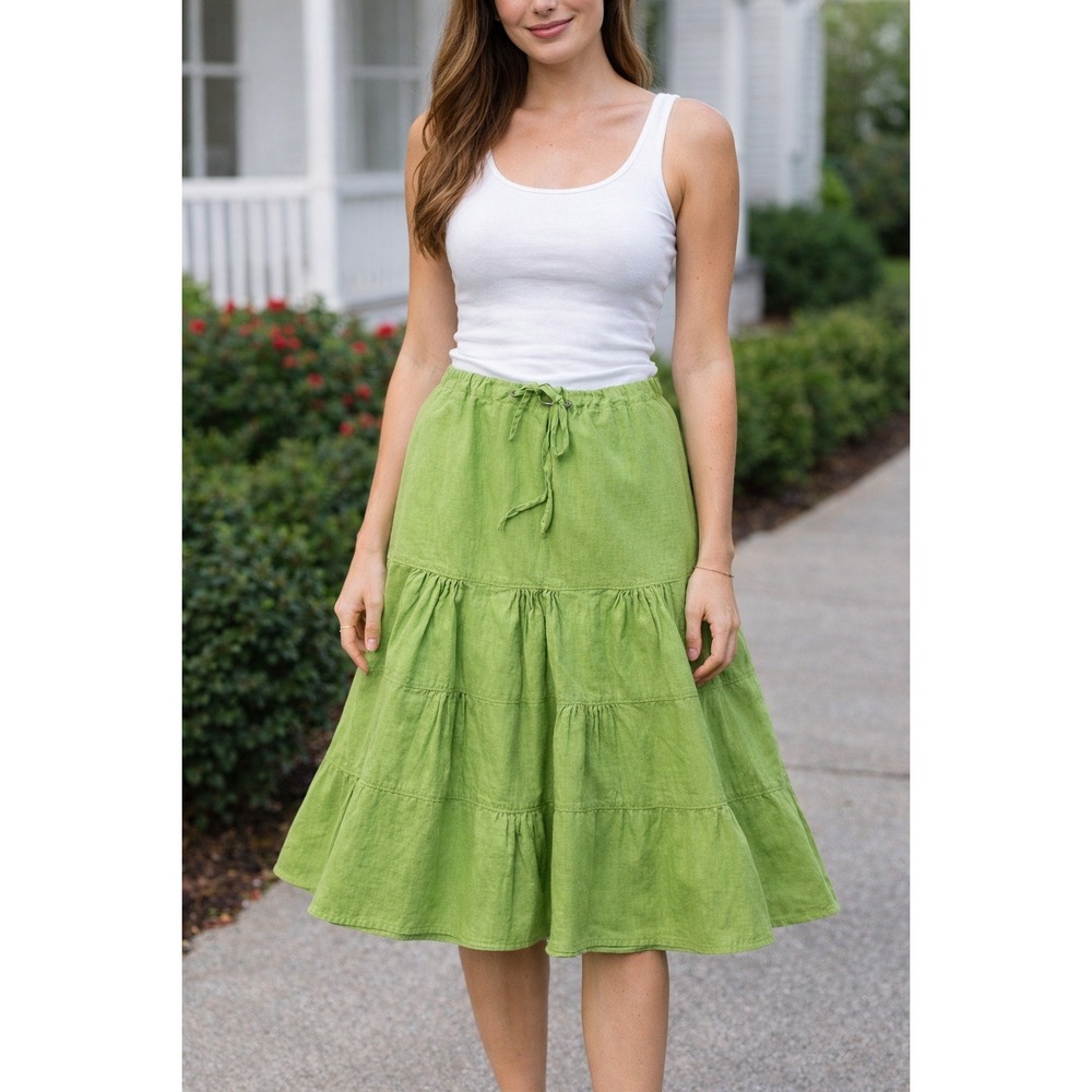 Eddie Bauer Tiered‎ Skirt Womens Size 10 Green Linen Blend Boho Cottage Coastal